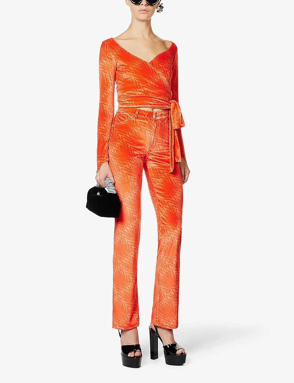 MAISIE WILEN Dramady Orange Abstract Print Velour Wrap Top - House Of Huntington