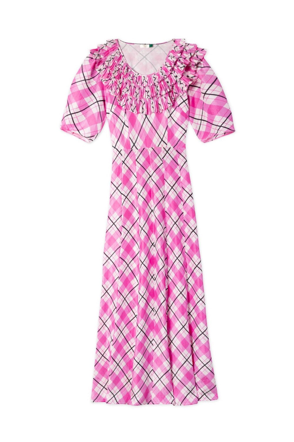 RIXO London Mariana Pink Check Print Ruffle Neck Silk Midi Dress - House Of Huntington