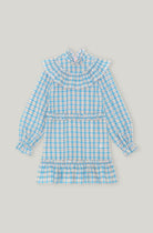 GANNI Prairie Pink Blue Gingham Check Seersucker Ruffle High Neck Dress - House Of Huntington