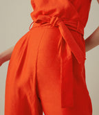 Karen Millen Orange Cinched Waist V Neck Linen Blend Jumpsuit - House Of Huntington