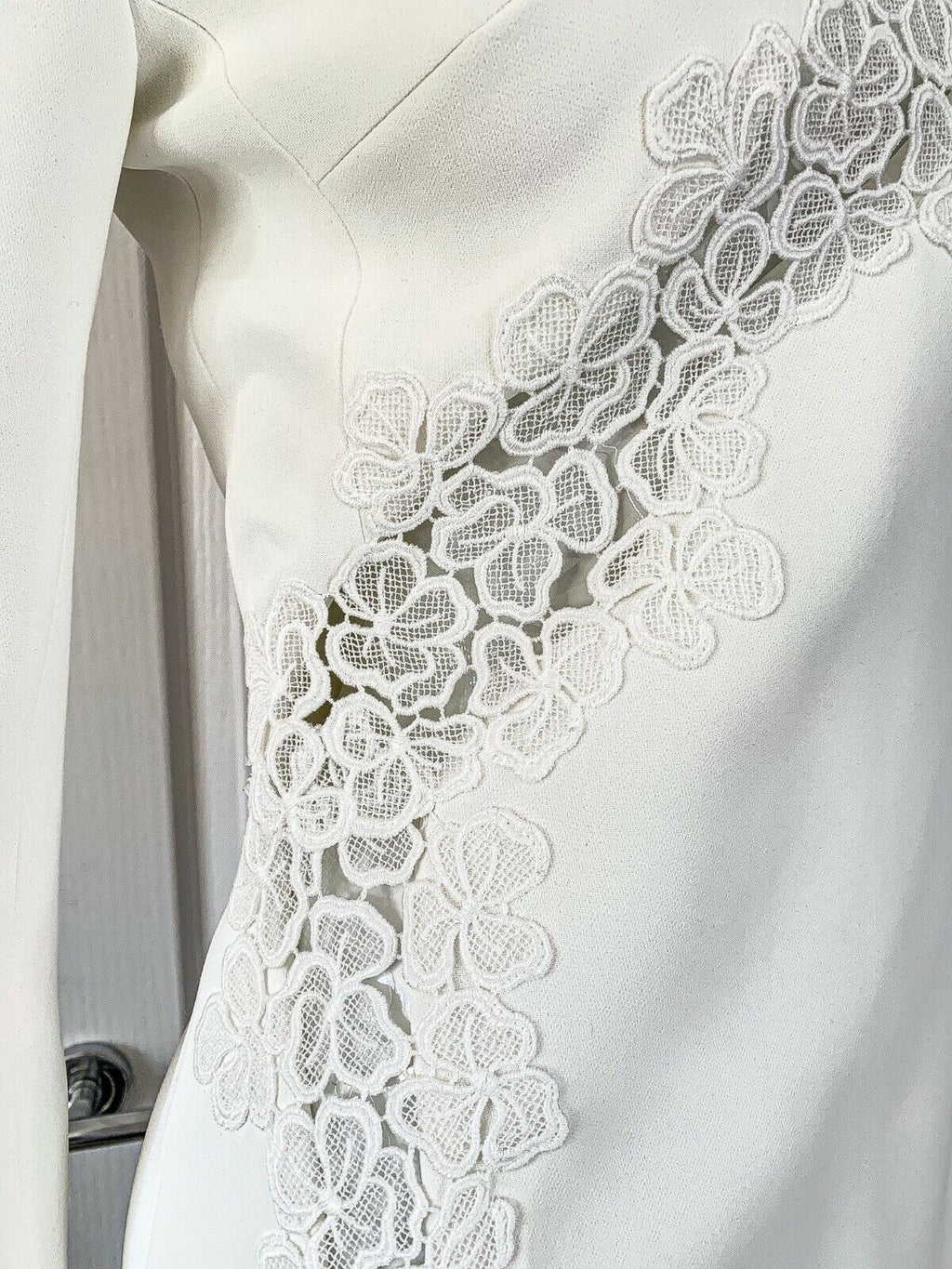 DAVID KOMA White Crepe Lace Macrame Trim Dress - House Of Huntington