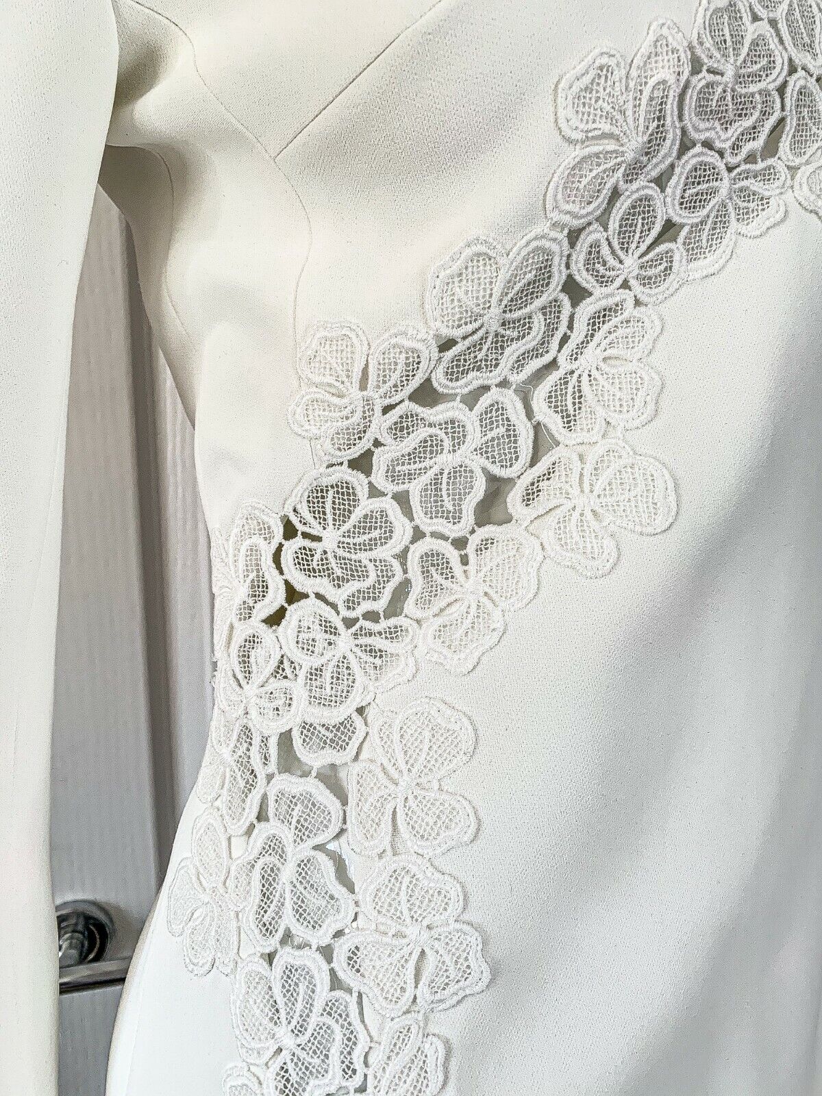 DAVID KOMA White Crepe Lace Macrame Trim Dress - House Of Huntington