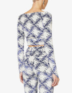 MAISIE WILEN Dramady Blue White Abstract Print Velour Wrap Top - House Of Huntington