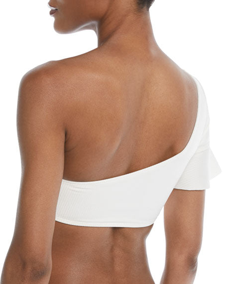 Diane Von Furstenberg DVF Ivory White One Shoulder Flounce Crop Swim Top - House Of Huntington