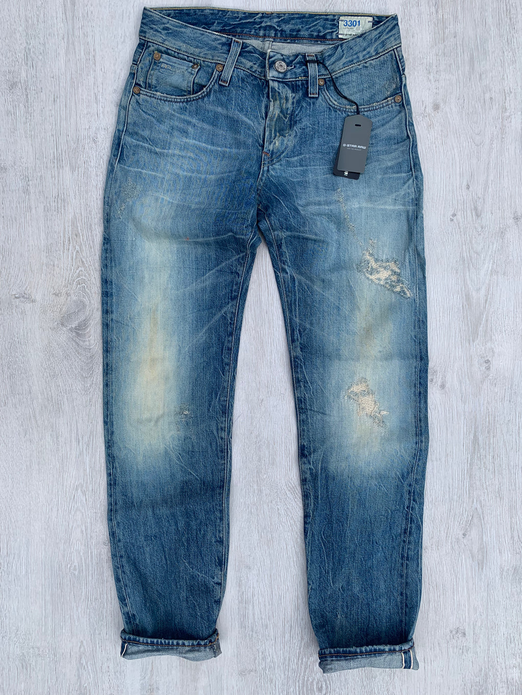 G-Star 3301 Selvedge Low Tapered Light Aged Destroy Ravage Denim Red Listing