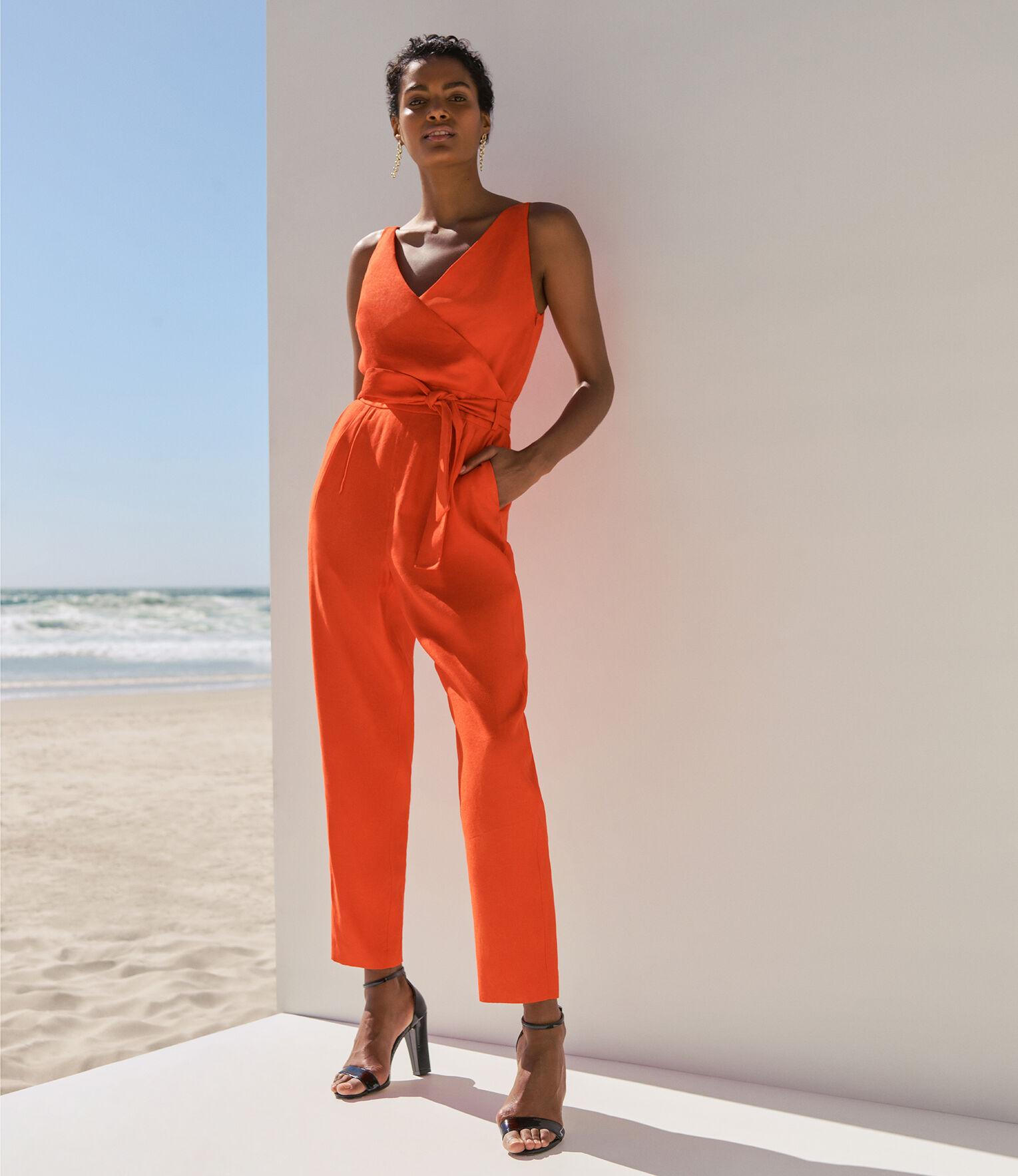 Karen Millen Orange Cinched Waist V Neck Linen Blend Jumpsuit - House Of Huntington