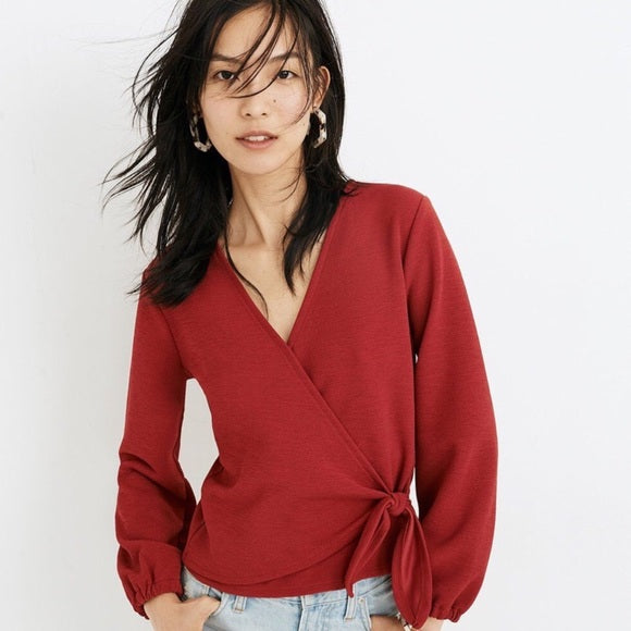 MADEWELL Texture & Thread Crossbody Wrap Top I Red Crepe