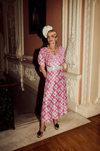 RIXO London Mariana Pink Check Print Ruffle Neck Silk Midi Dress - House Of Huntington