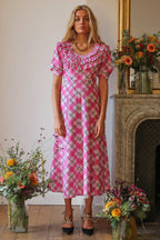 RIXO London Mariana Pink Check Print Ruffle Neck Silk Midi Dress - House Of Huntington