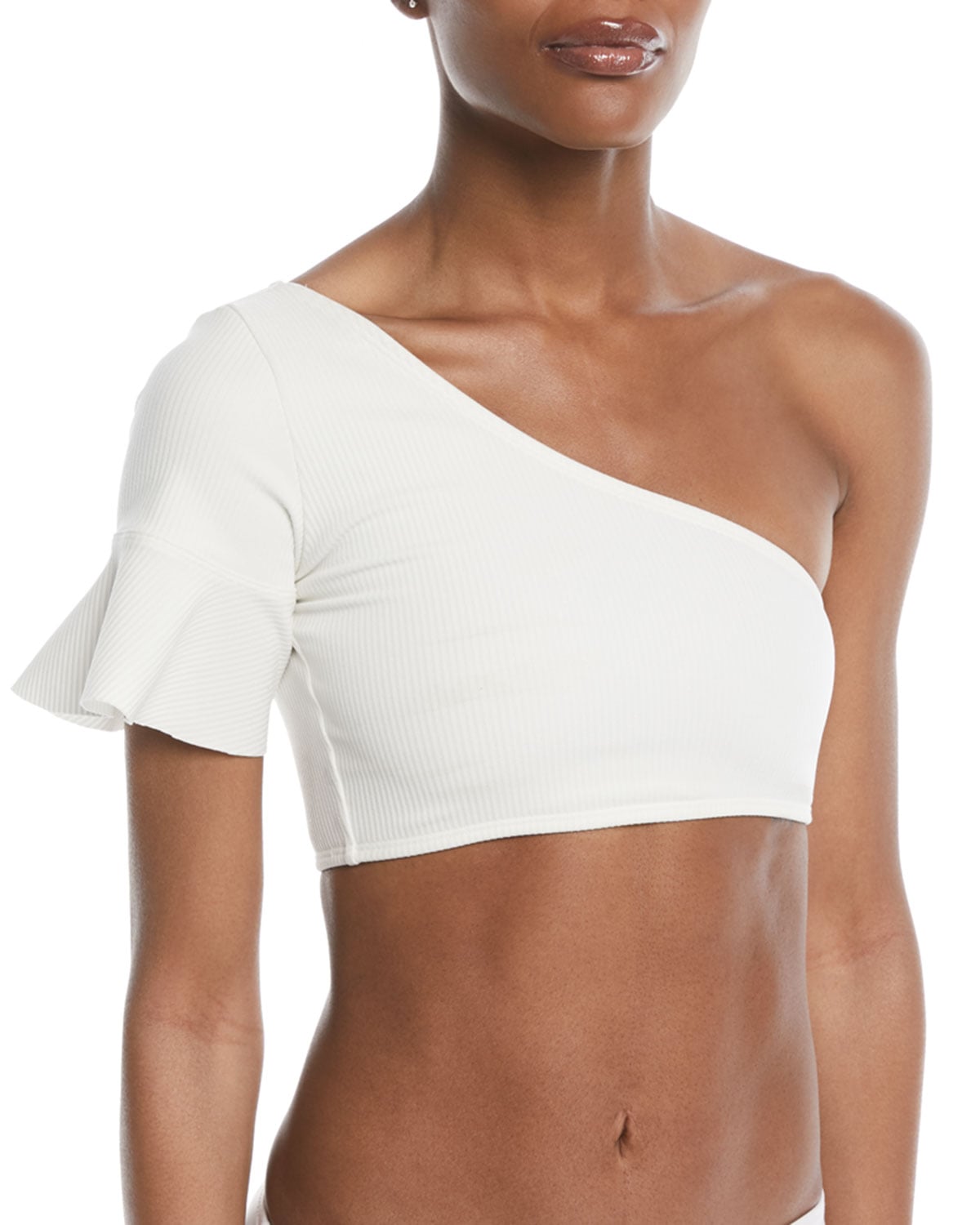 DVF Ivory One Shoulder Flounce Crop Swim Top
