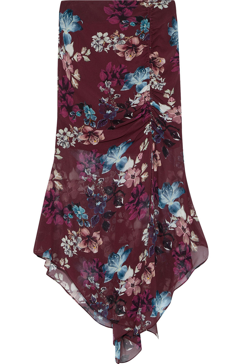 Floral Ruched Silk Asymmetric Skirt