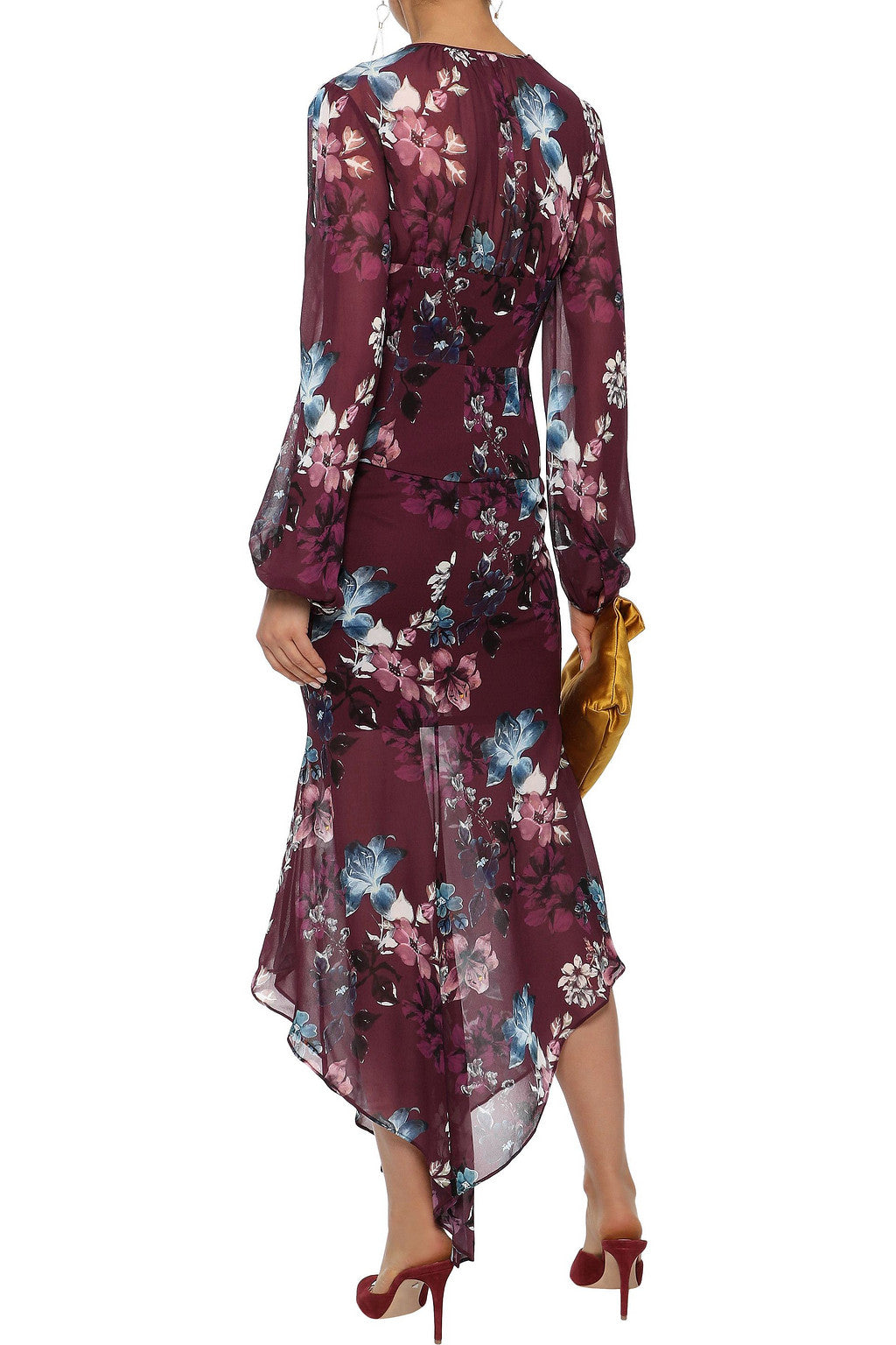 Nicholas Burgundy Floral Ruched Silk Asymmetric Skirt - House Of Huntington